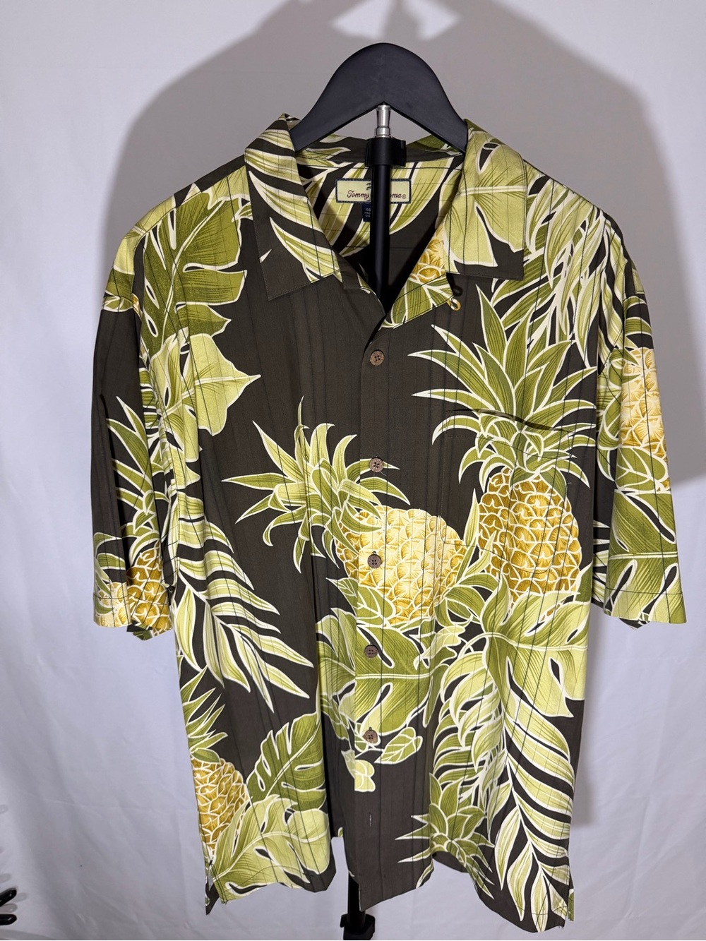 Tommy Bahama Olive Green and Yellow Pineapple Print Camp Shirt